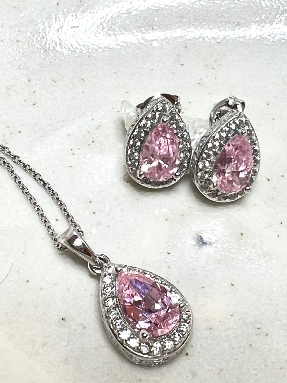 Authentic Vanna K Sterling Silver Pink CZ Halo Pendant & Earring Set, Signed 925